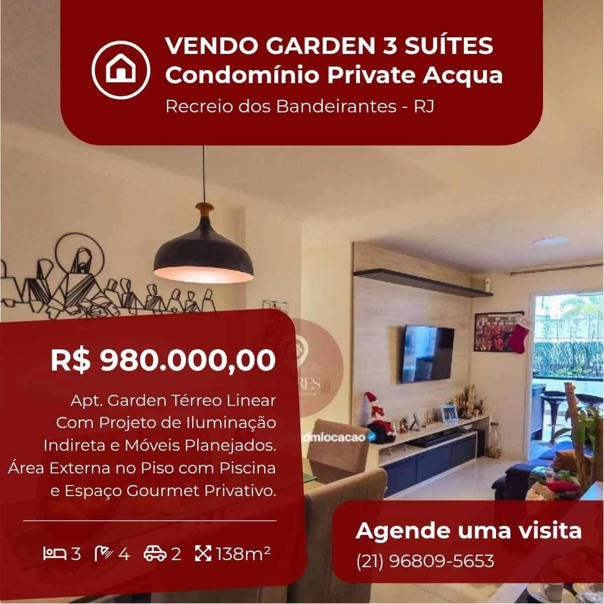 Apartamento Garden à venda, no Private Aqua & Gourmet, Recreio dos Bandeirantes, com 3 quartos, 138m² - Soares Imóveis | Vendas, Adm & Locação