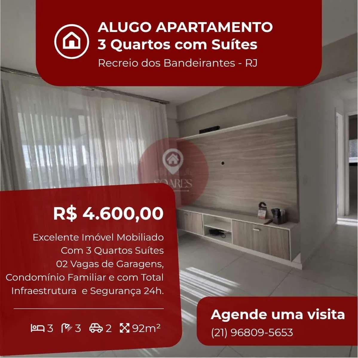 Apartamento para alugar, no Sofisticato Residence, Recreio dos Bandeirantes, com 3 quartos, 92m² - Soares Imóveis | Vendas, Adm & Locação