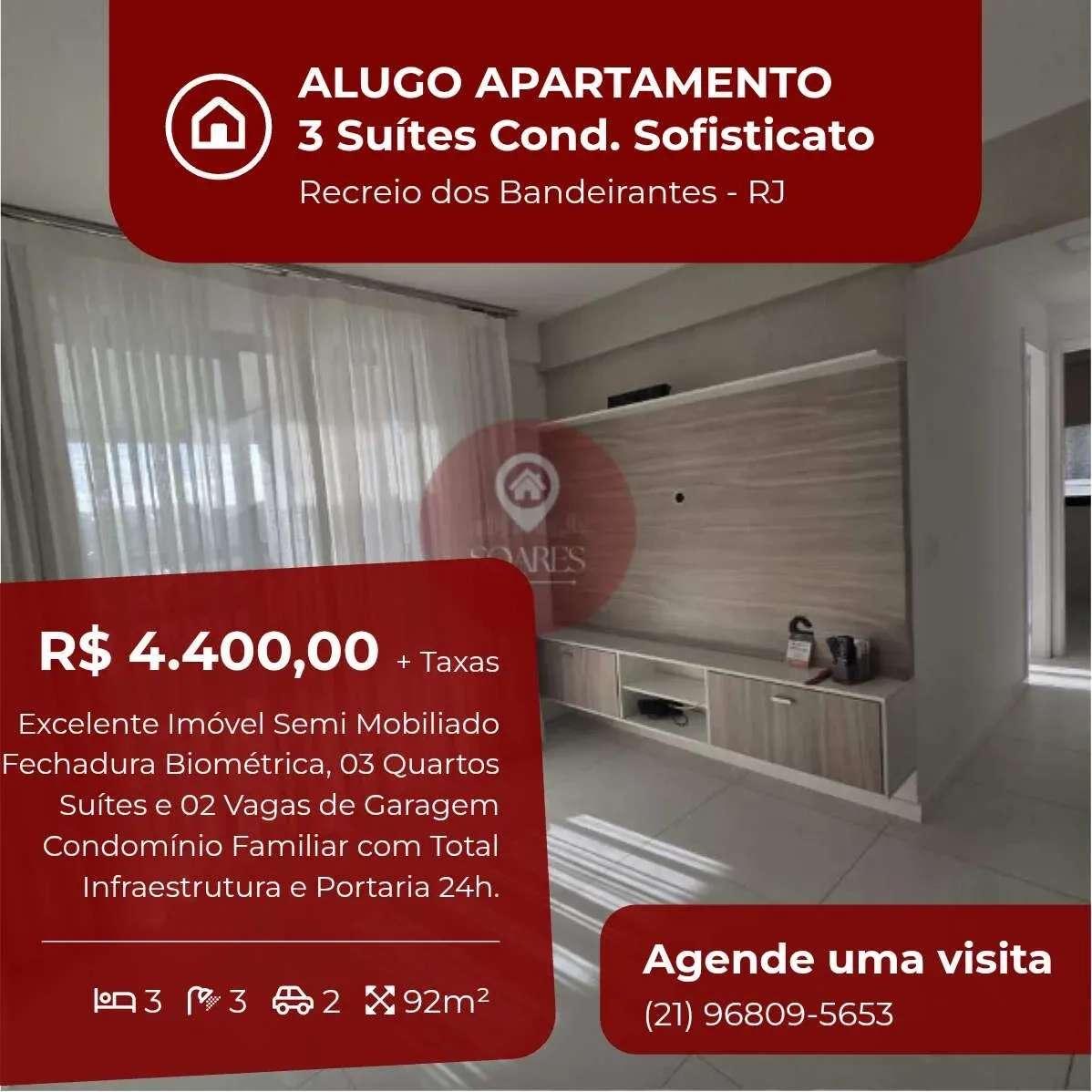 Apartamento para alugar, no Sofisticato Residence, Recreio dos Bandeirantes, com 3 quartos, 92m² - Soares Imóveis | Vendas, Adm & Locação