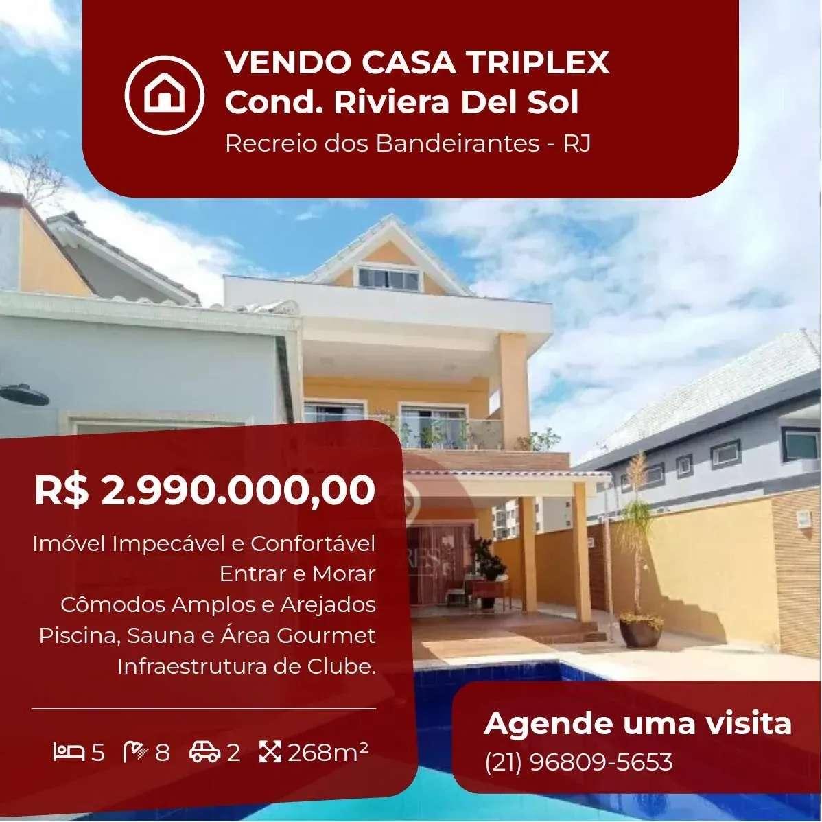 Casa de condomínio à venda, no Condomínio Riviera Del Sol em Rio de Janeiro, Recreio dos Bandeirantes, com 5 quartos, 268m² - Soares Imóveis | Vendas, Adm & Locação