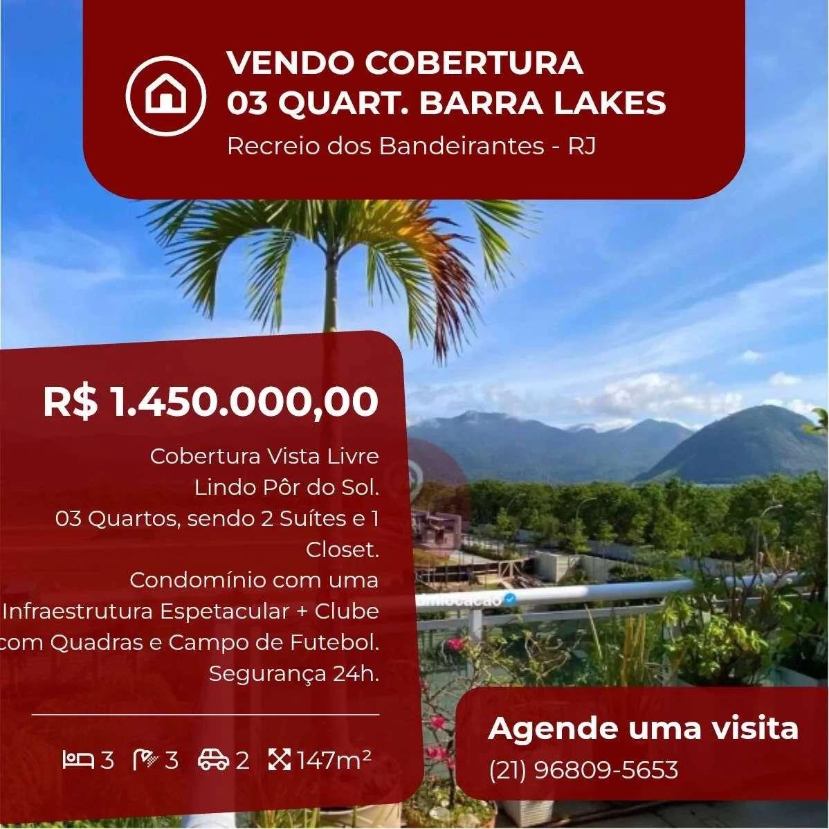 Cobertura à venda, no BARRA VILLAGE LAKES em Rio de Janeiro, Recreio dos Bandeirantes, com 3 quartos, 147m² - Soares Imóveis | Vendas, Adm & Locação