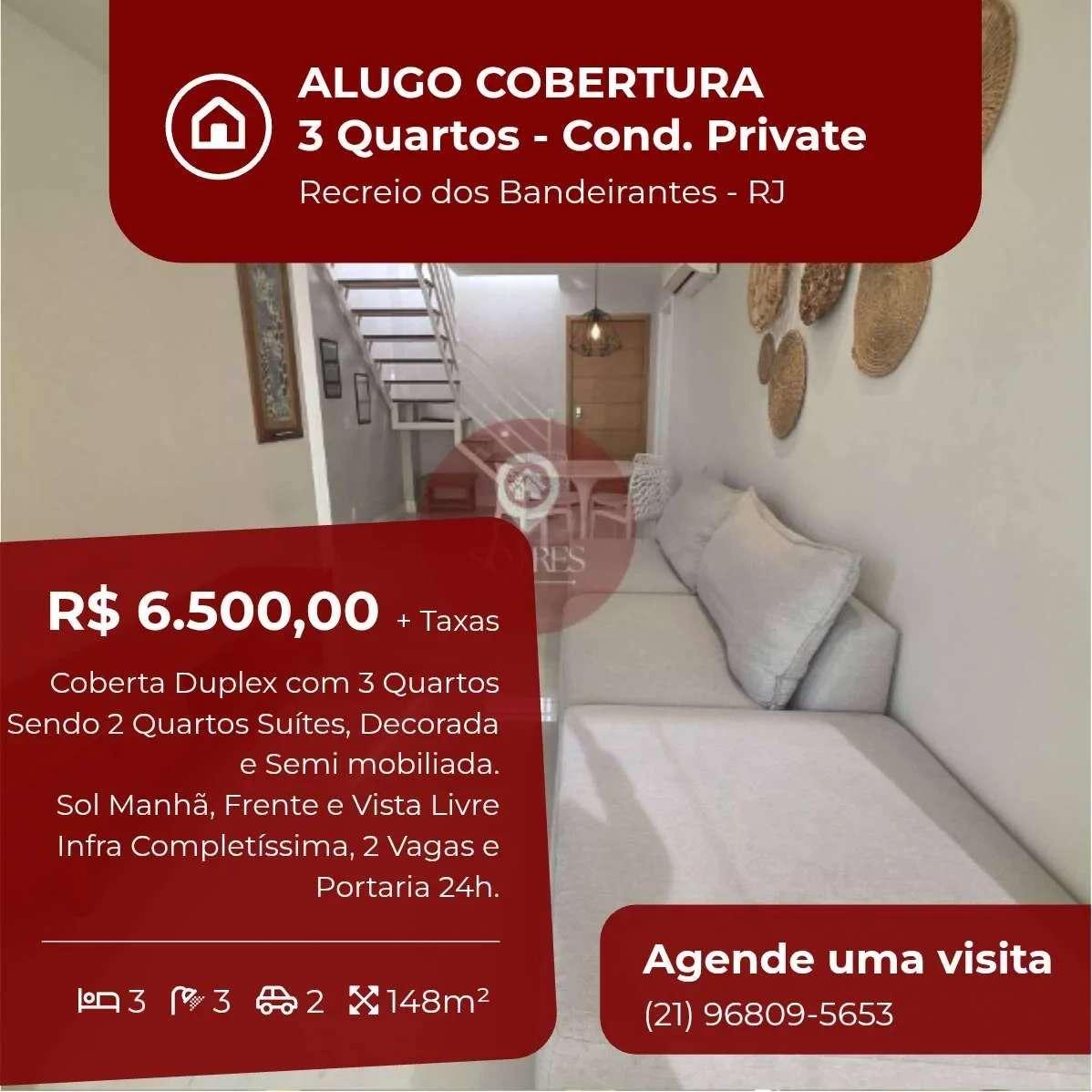 Cobertura para alugar, no Private Aqua & Gourmet em Rio de Janeiro, Recreio dos Bandeirantes, com 3 quartos, 148m² - Soares Imóveis | Vendas, Adm & Locação